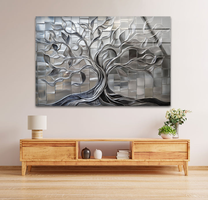 Radiant Silver Tree – Geometric Tile Design Glass Wall Art
