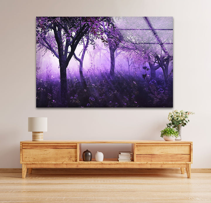 Mystic Purple Forest – Enchanted Trees with Lavender Light Glass Wall Art