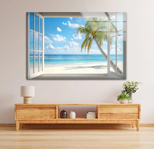 Stillness captures the tranquil tropical escape glass wall art, offering ocean views and a peaceful palm tree, providing reflective wall prints perfect for serene décor.