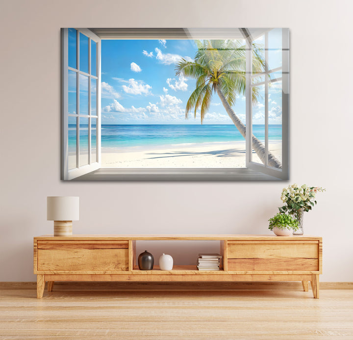 Tropical Escape – Palm Tree Ocean View Glass Wall Art