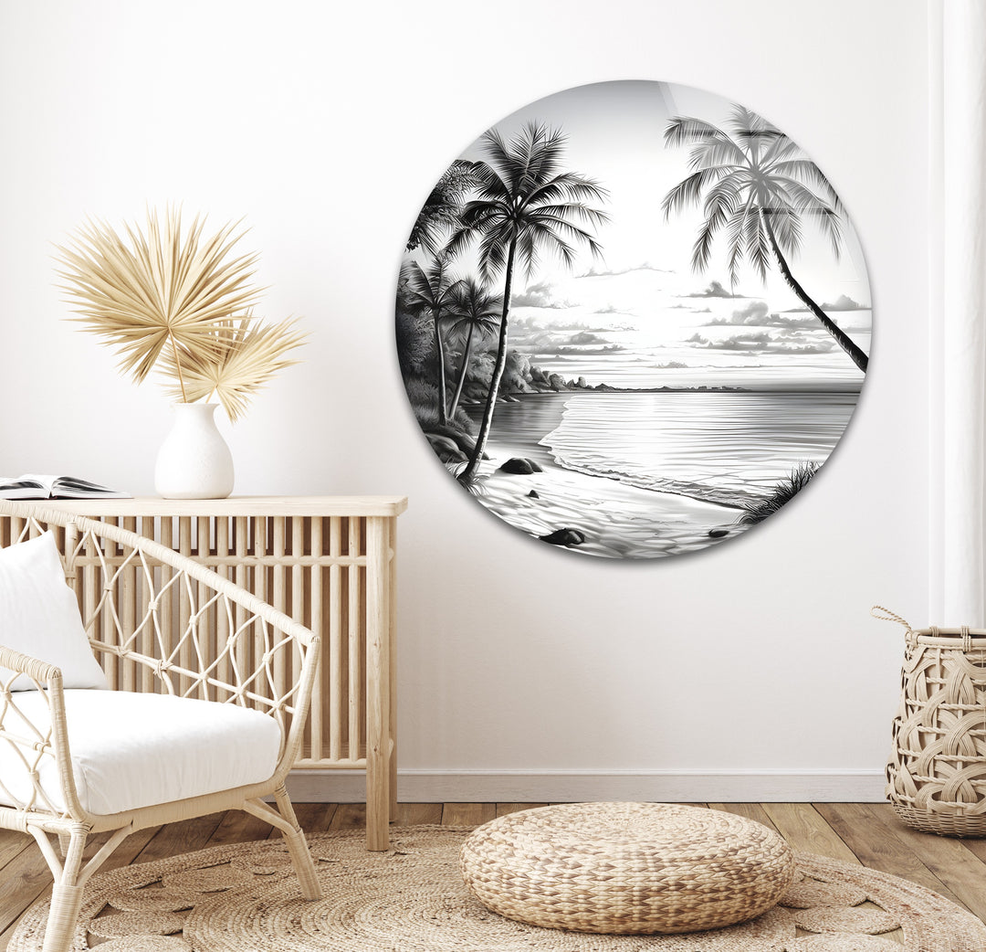 Timeless tropical scenery featuring a peaceful shoreline and palm trees in black and white glass wall art.