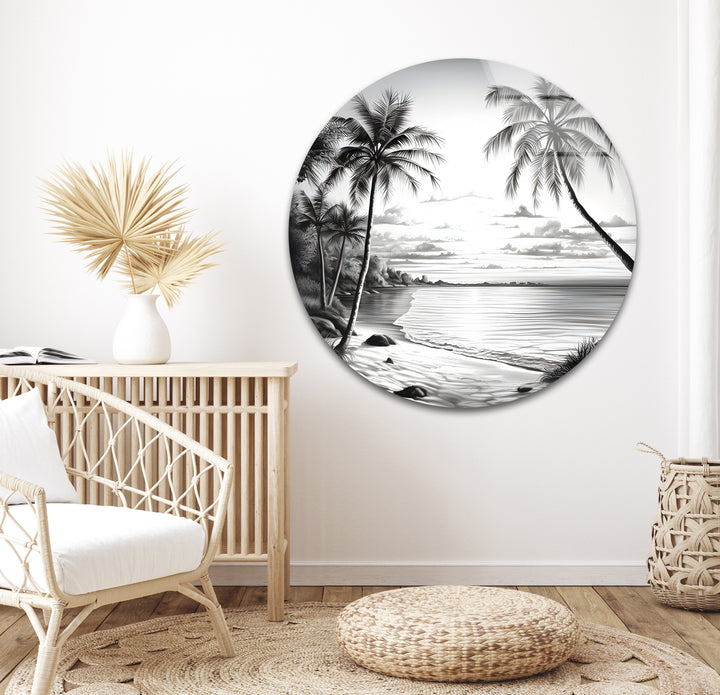Timeless tropical scenery featuring a peaceful shoreline and palm trees in black and white glass wall art.