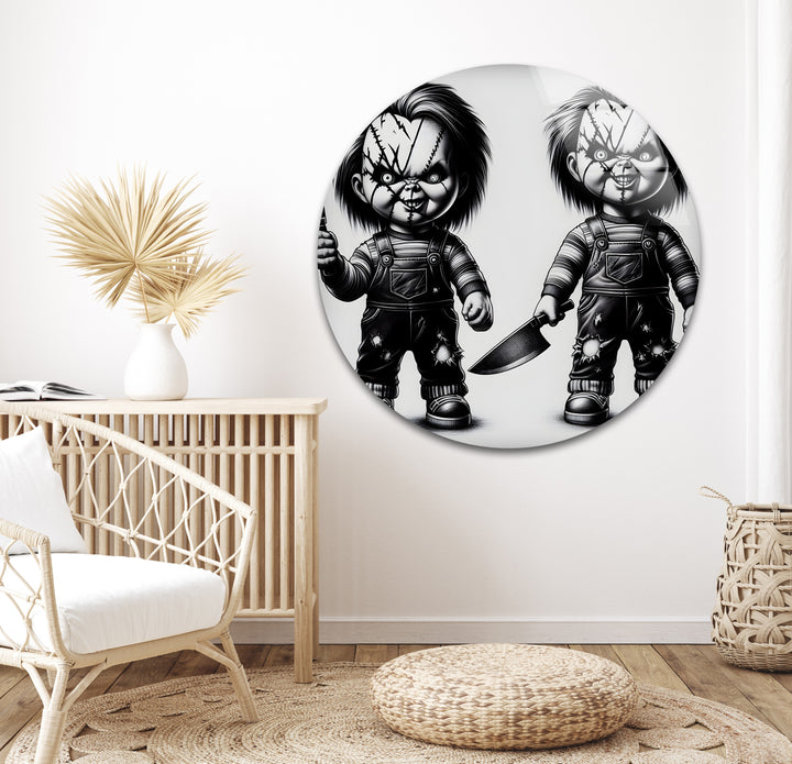 A hair-raising black and white abstract drawing of twin horror dolls with a sinister look.

