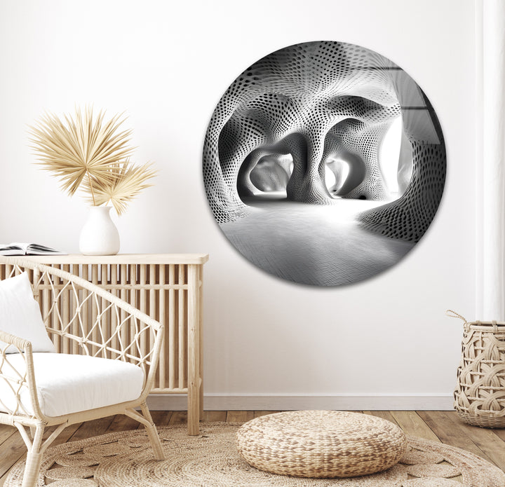 Black and white glass wall art showcasing a surreal architectural environment with fluid shapes and stunning contrast.
