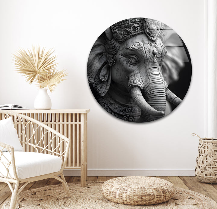 Timeless black and white glass wall art highlighting the delicate details of Lord Ganesha’s divine form.
