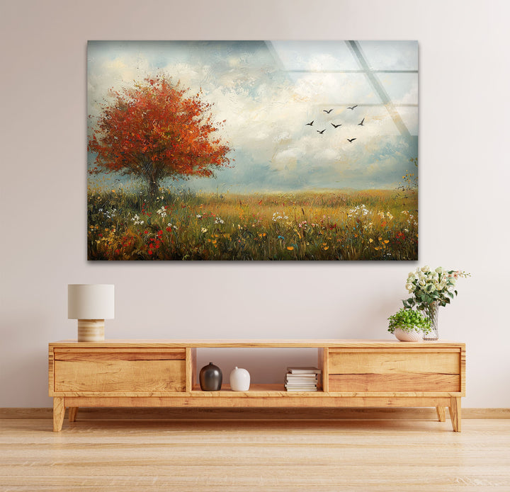 Golden Meadow Breeze – Red Tree in Bloom Glass Wall Art