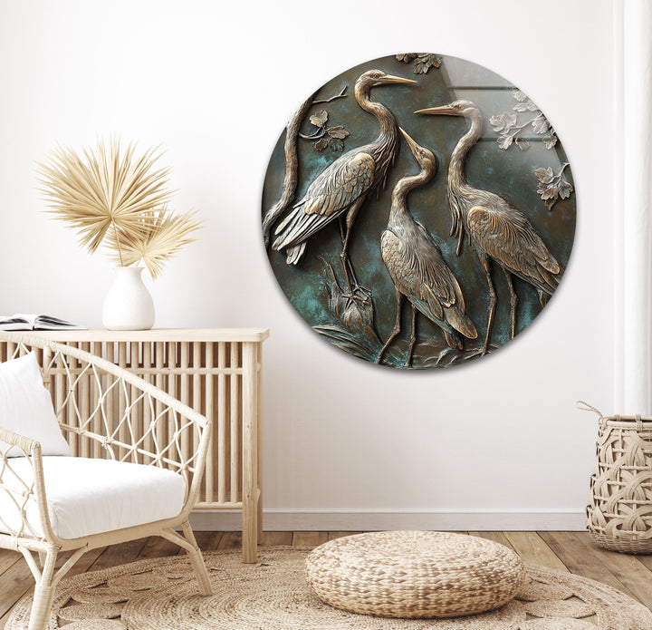 Verdigris Harmony – Bronze Crane Trio Glass Wall Art