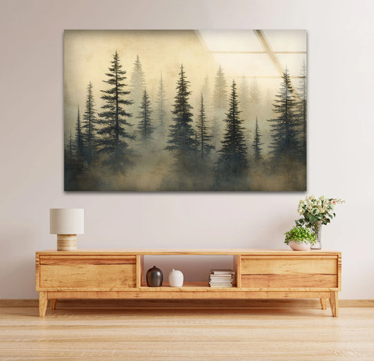 Contrasting light filters through the trees in this forest scene, a captivating example of glass wall artwork highlighting the misty Whispers in the Pines.