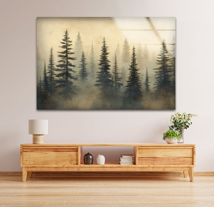 Whispers in the Pines – Misty Forest Scene Glass Wall Art