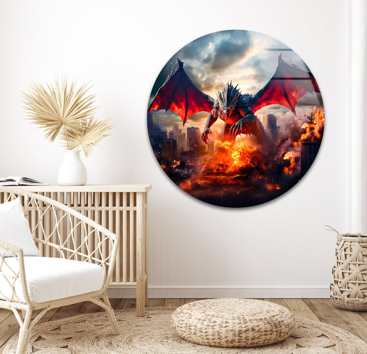 Mythical dragon unleashing fiery destruction on a crumbling cityscape.
