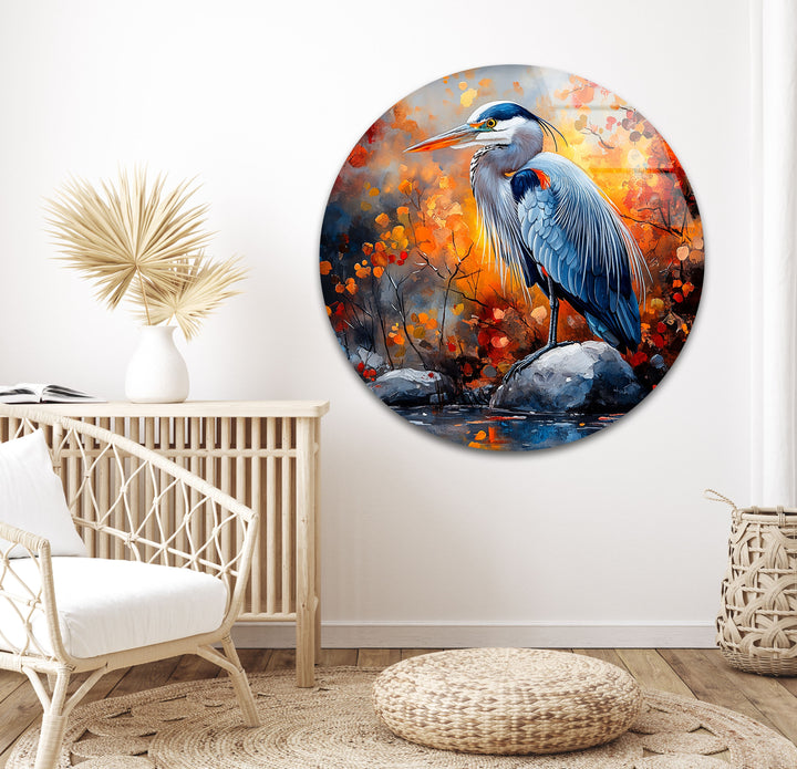 Herbstmajestät – Reiher im feurigen Laub Glaswandkunst