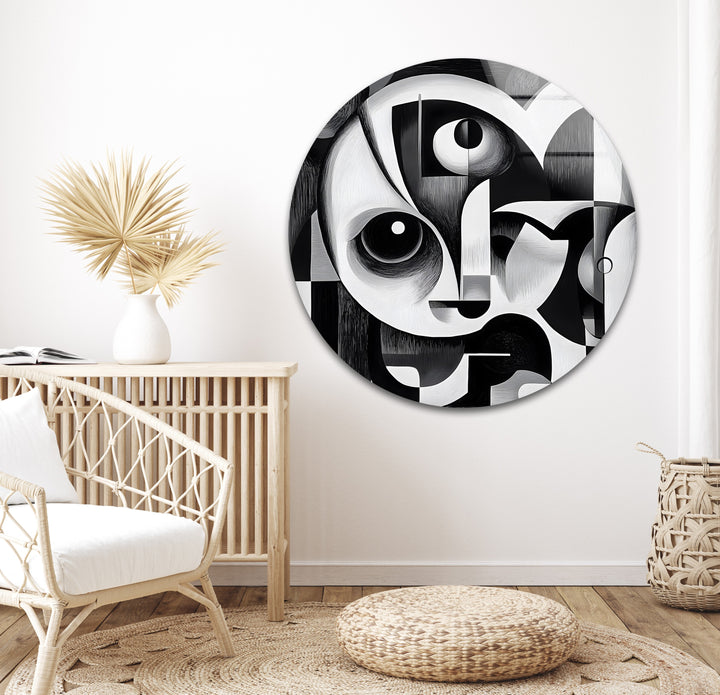 Geometric black and white glass wall art with a bold artistic vision and cubist influences.