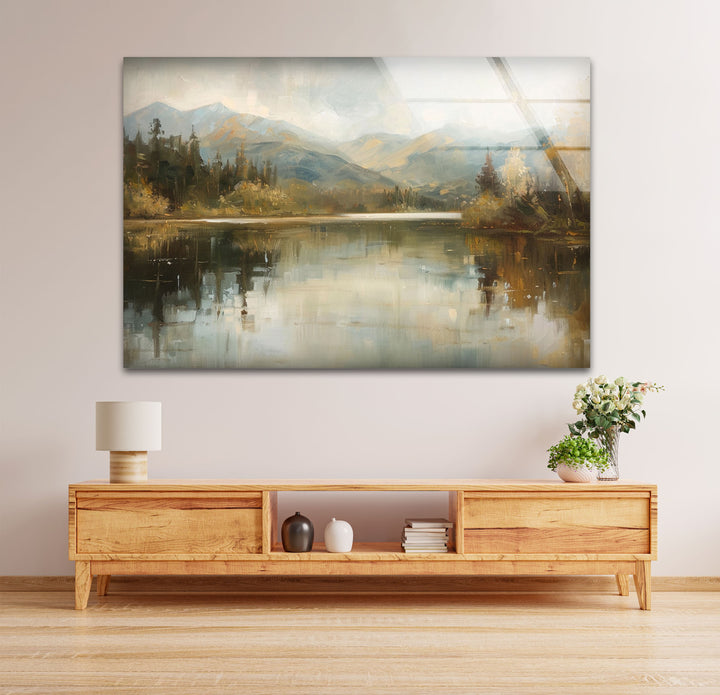 Tranquil Mountain Reflection – Misty Lake Scene Glass Wall Art