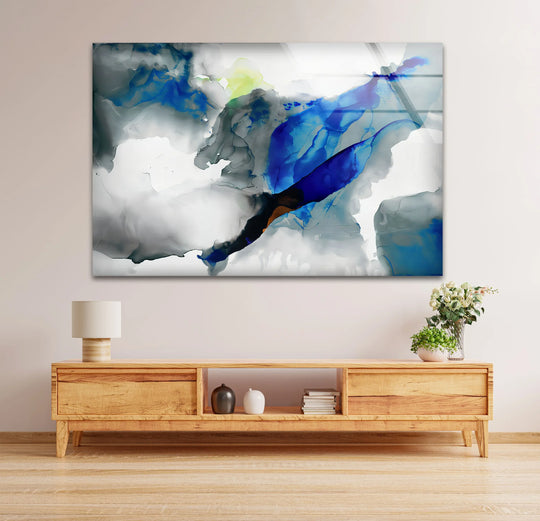 Azure Drift abstract art from glass captures the dynamic sense of movement with fluid strokes of sapphire and navy blue across a sleek glass finish.
