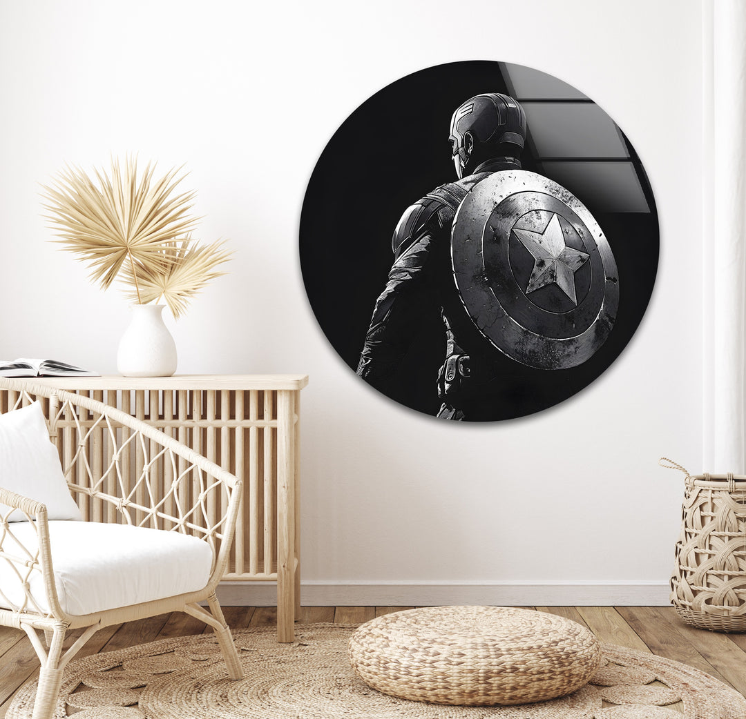 Captain America: A Timeless Heroic Portrait in Black and White Glass Art
