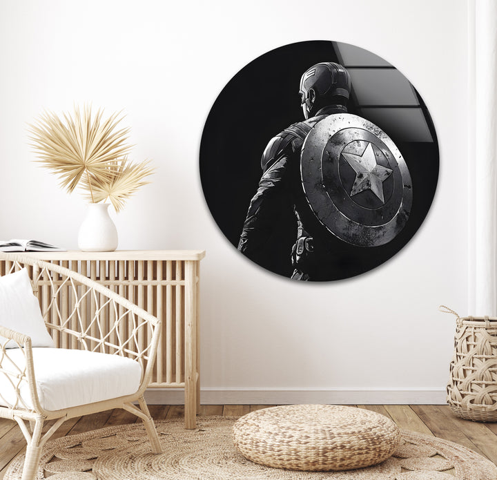 Captain America: A Timeless Heroic Portrait in Black and White Glass Art
