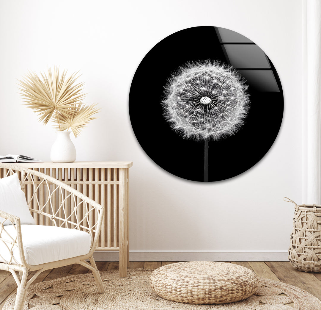 A sophisticated floral composition, capturing the fragile beauty of a dandelion in black and white glass wall art.