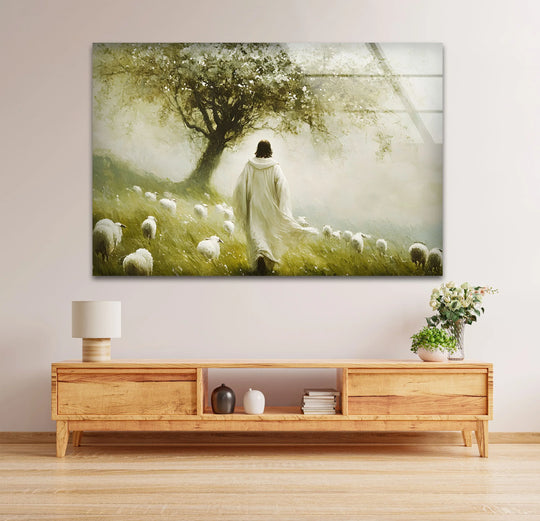 Glossy surface texture accentuates the ethereal scene of Jesus with sheep in this peaceful Christian print wall art, depicting the Good Shepherd in a serene pastoral setting.