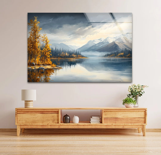 Reflecting autumn trees bring the loudest element to this snow-capped mountains and autumn trees glass art painting, creating a serene landscape scene.