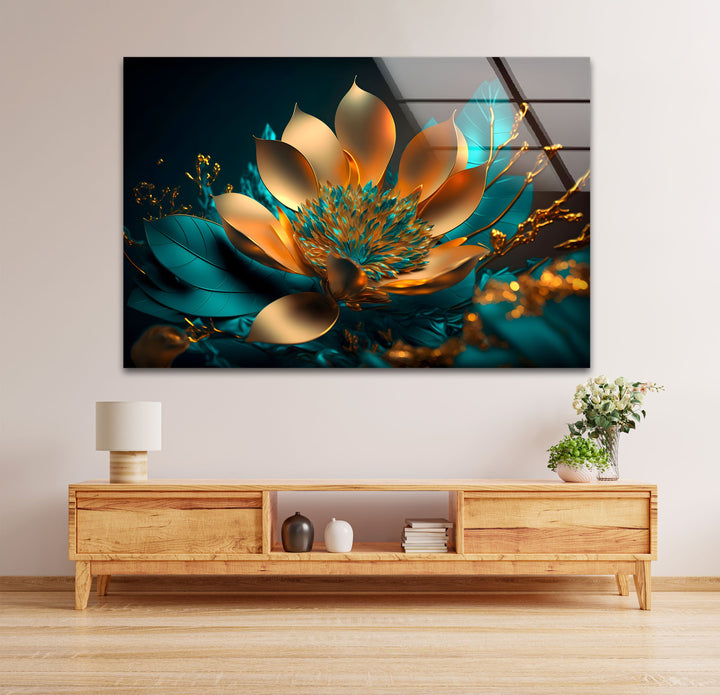 Golden Bloom Radiance – Modern Glass Wall Art
