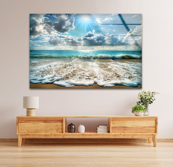 Sunlit Ocean Waves and Sandy Beach - Glass Wall Art