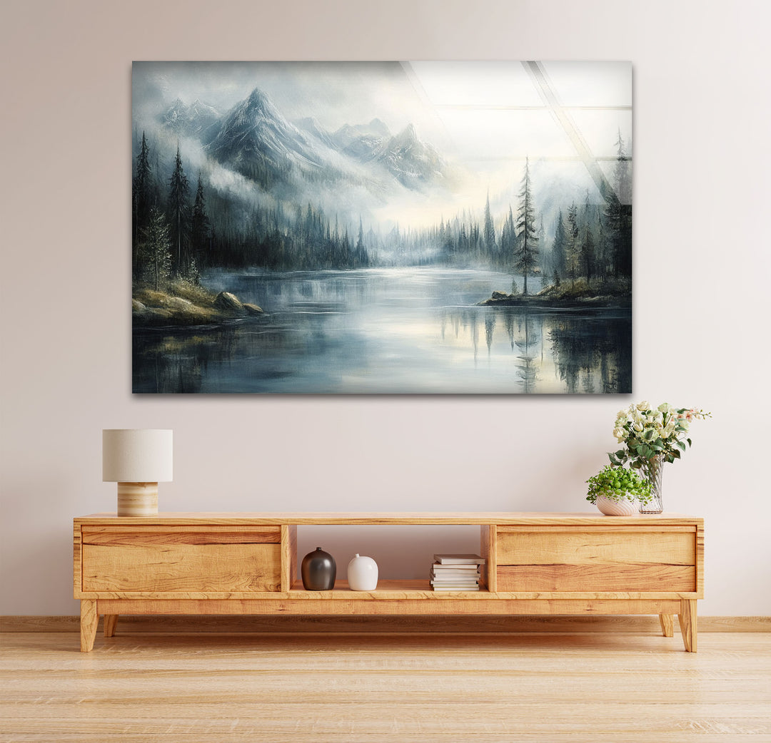 Whispering Pines – Misty Mountain Lake Glass Wall Art
