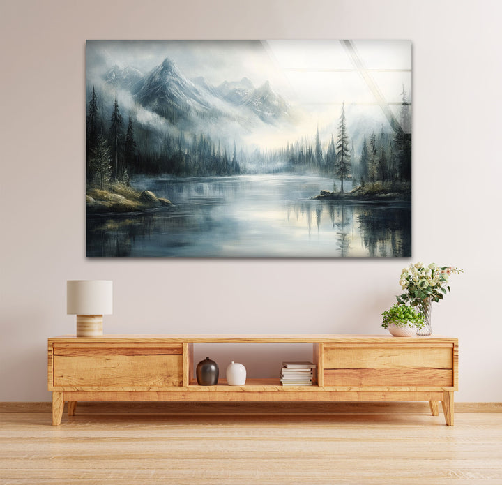 Whispering Pines – Misty Mountain Lake Glass Wall Art