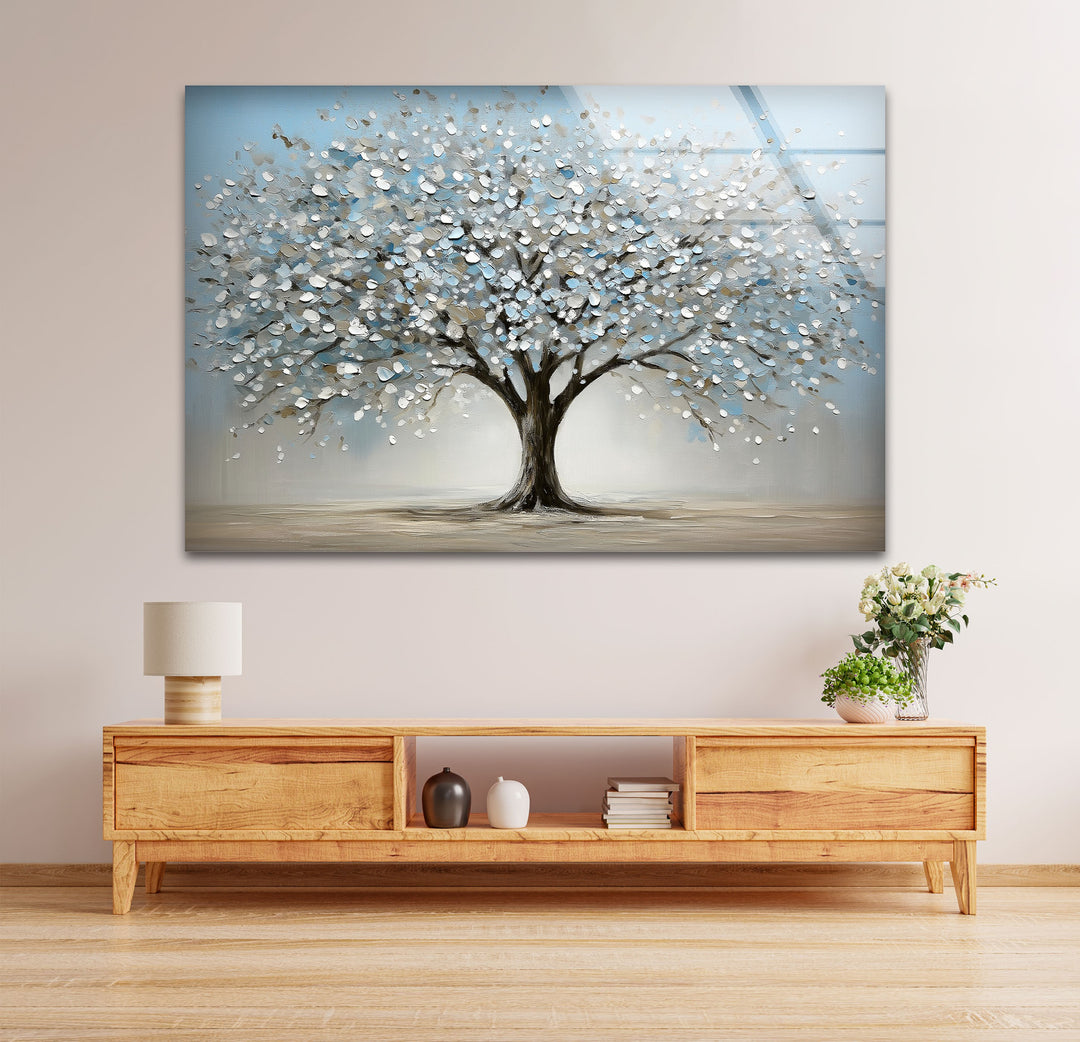 Blossoming Serenity Tree – Textured Modern Nature Glass Wall Art