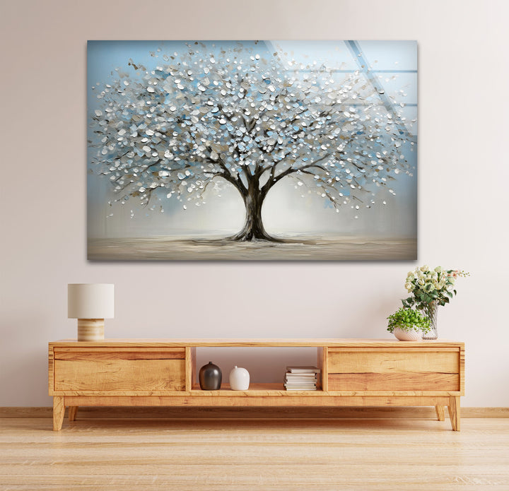 Blossoming Serenity Tree – Textured Modern Nature Glass Wall Art