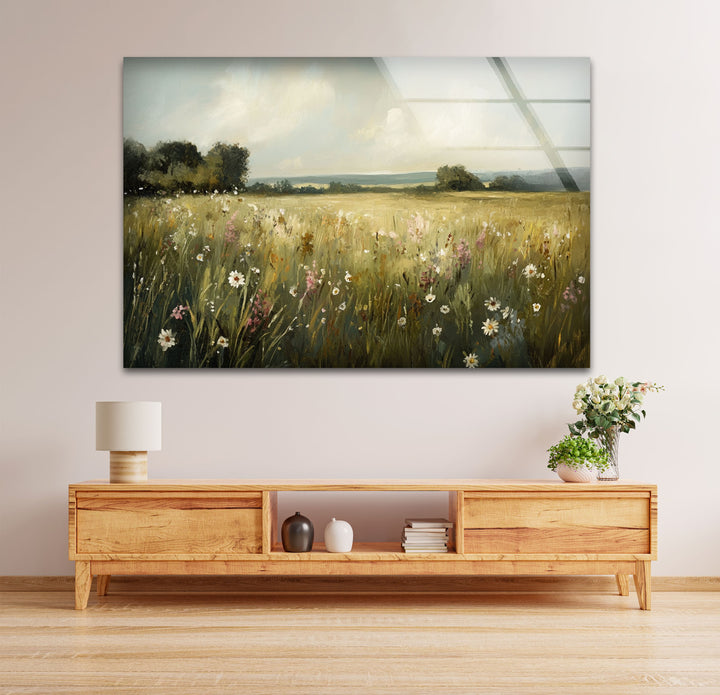 Golden Meadow Breeze – Wildflower Field in Soft Sunshine Glass Wall Art