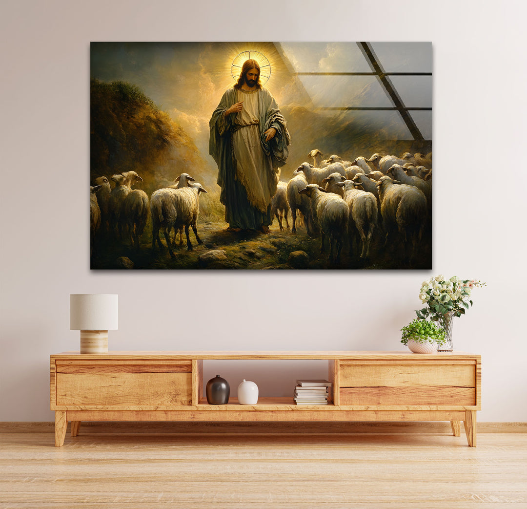 Der gute Hirte – Jesus mit Schafen – Wandbild aus Glas