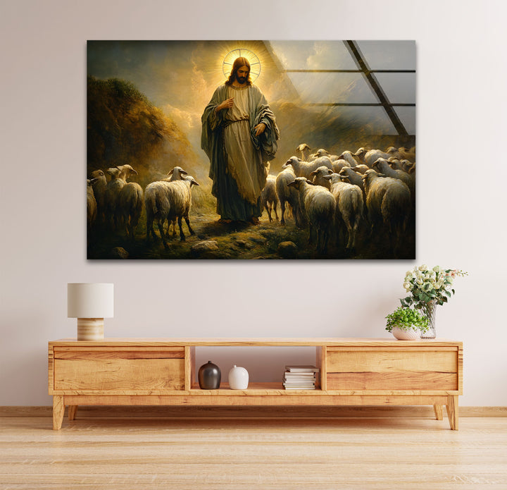 Der gute Hirte – Jesus mit Schafen – Wandbild aus Glas