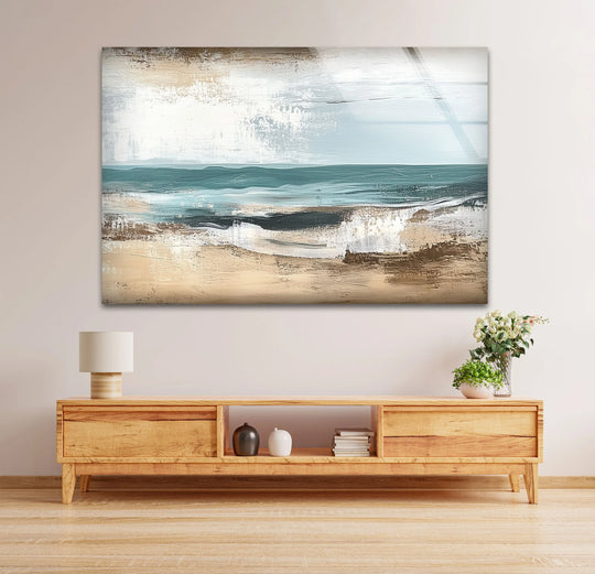 Shadows define the textures and subtle light variations in this tranquil shoreline glass art painting, creating a calming coastal horizon effect.