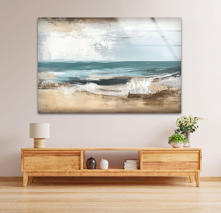 Tranquil Shoreline – Textured Coastal Horizon Glass Wall Art
