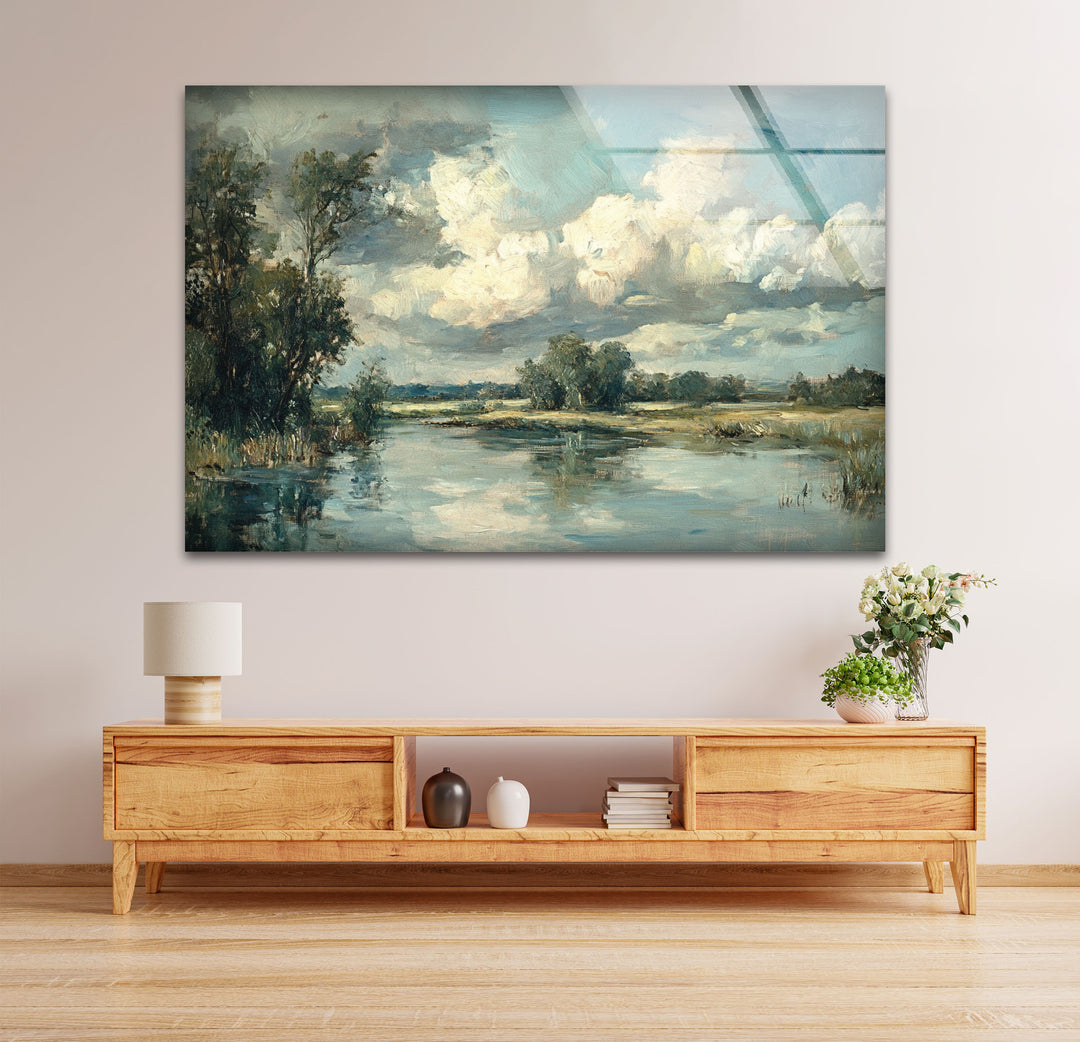 Tranquil Reflections – Serene Countryside River Glass Wall Art