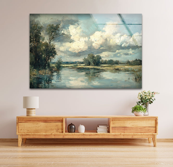 Tranquil Reflections – Serene Countryside River Glass Wall Art