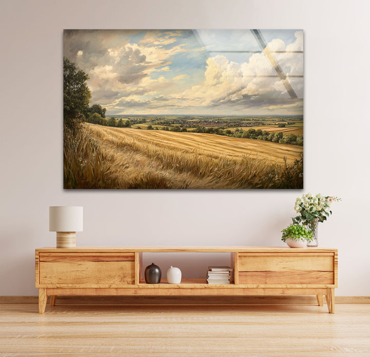 Golden Fields Horizon – Panoramic Wheat Landscape Glass Wall Art