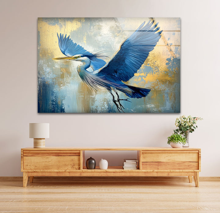 Wings of Sapphire – Blauer Reiher im Flug, Glaswandkunst