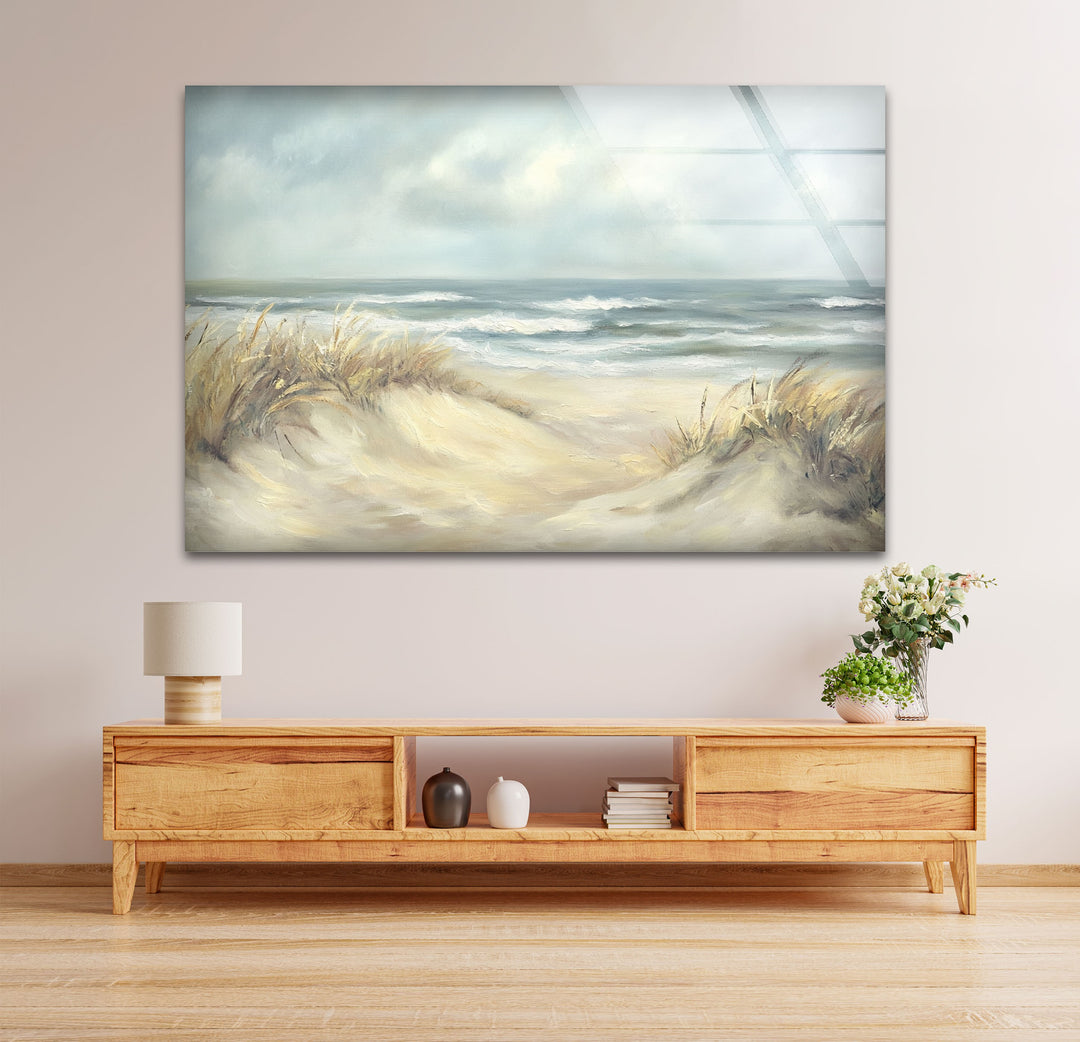 Coastal Breeze – Serene Beachscape Glass Wall Art
