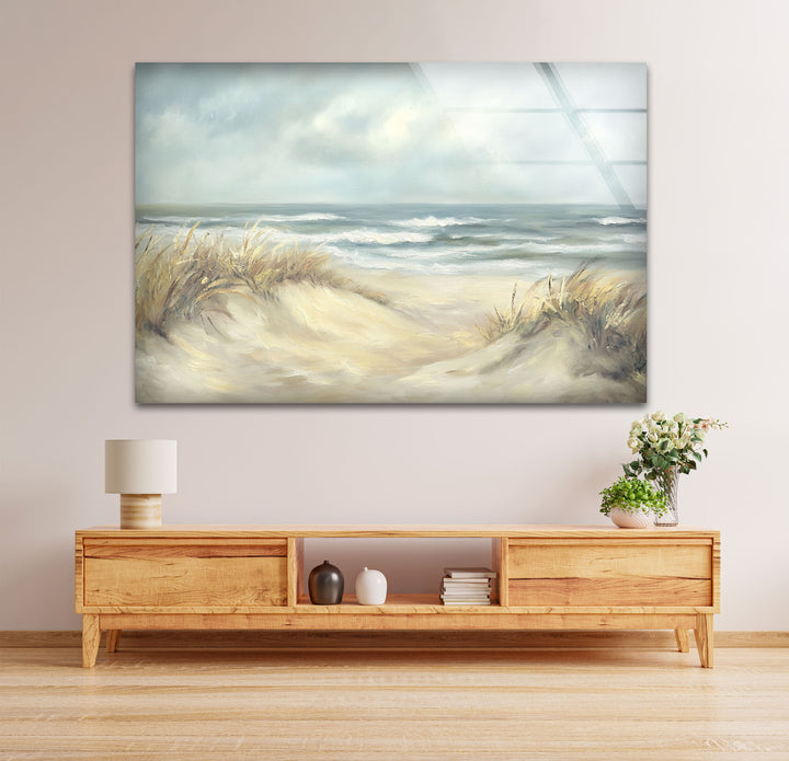 Coastal Breeze – Serene Beachscape Glass Wall Art