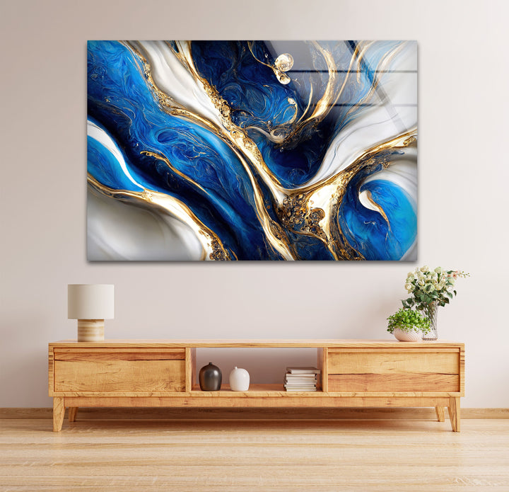 Celestial Currents – Blue and Gold Abstract Glass Wall Art