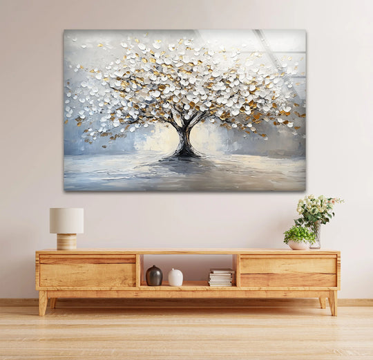 Darkest area of the Golden Blossom Tree elegant white and gold glass wall art emphasizes the artistry and its placement as the best glass art on the wall.