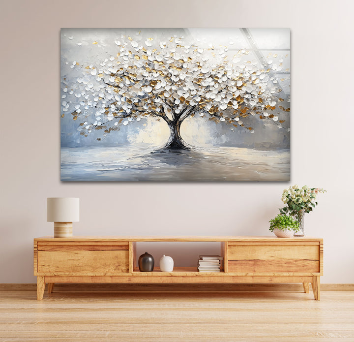 Golden Blossom Tree – Elegant White and Gold Glass Wall Art