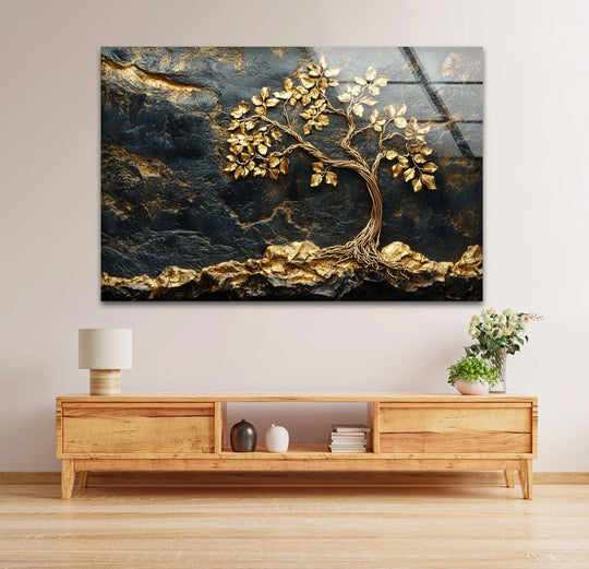 Golden Roots Tree – Textured Luxury Glass Wall Art - MyPhotoStation