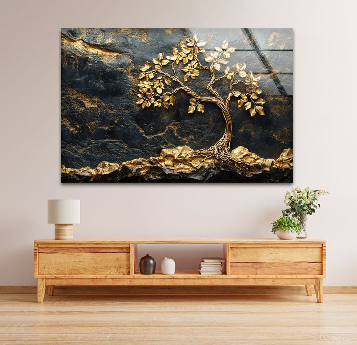 Golden Roots Tree – Strukturierte Luxus-Wandkunst aus Glas