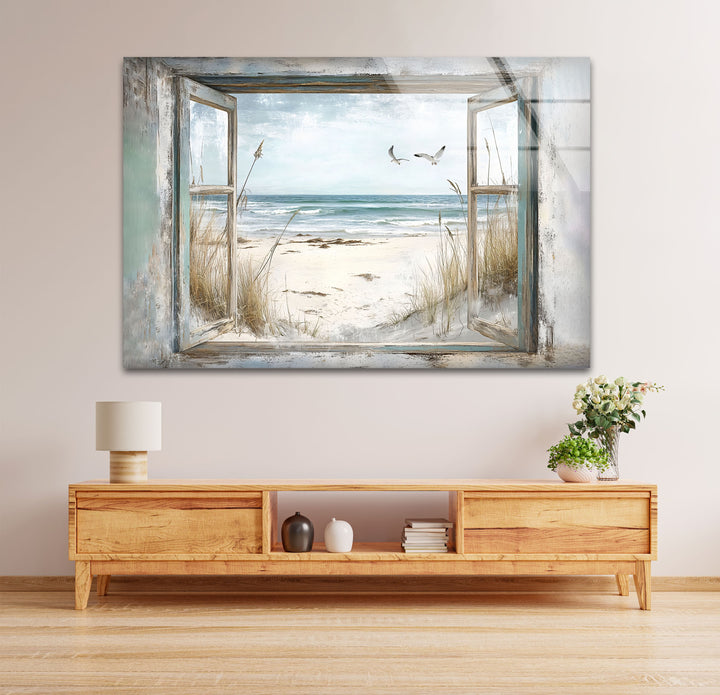 Seaside Freedom – Vintage Window View Glass Wall Art