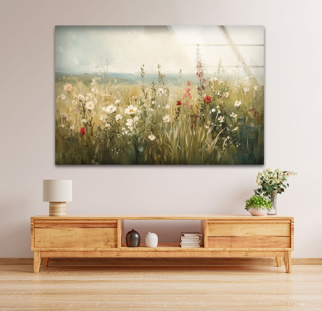 Wildflower Bloom – Tranquil Meadow Scene Glass Wall Art