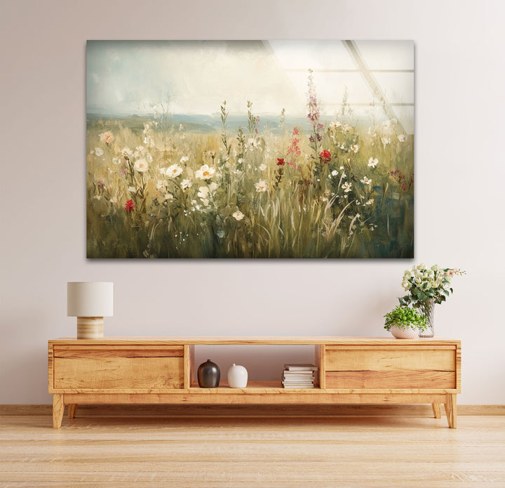 Wildflower Bloom – Tranquil Meadow Scene Glass Wall Art