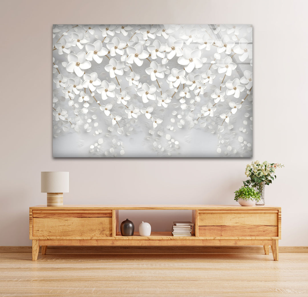 White Blossom Serenity – Elegant Floral Glass Wall Art