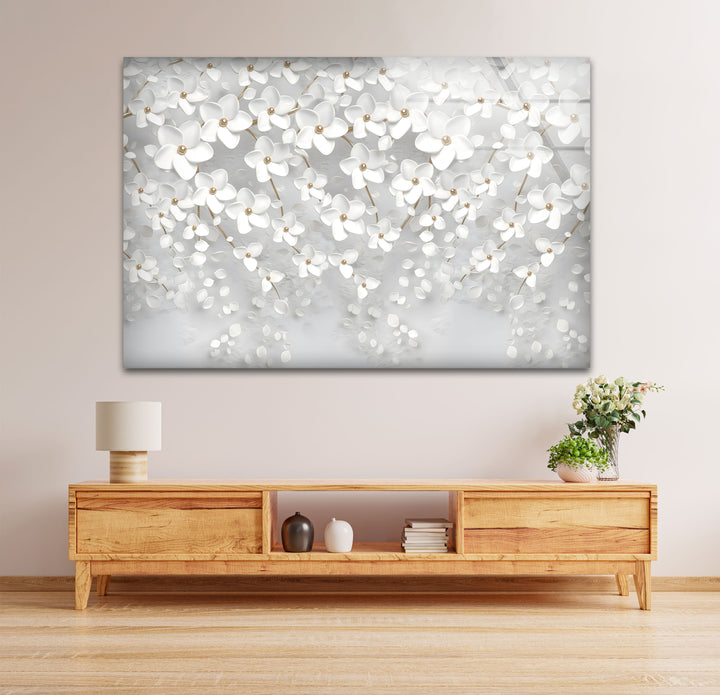 White Blossom Serenity – Elegant Floral Glass Wall Art